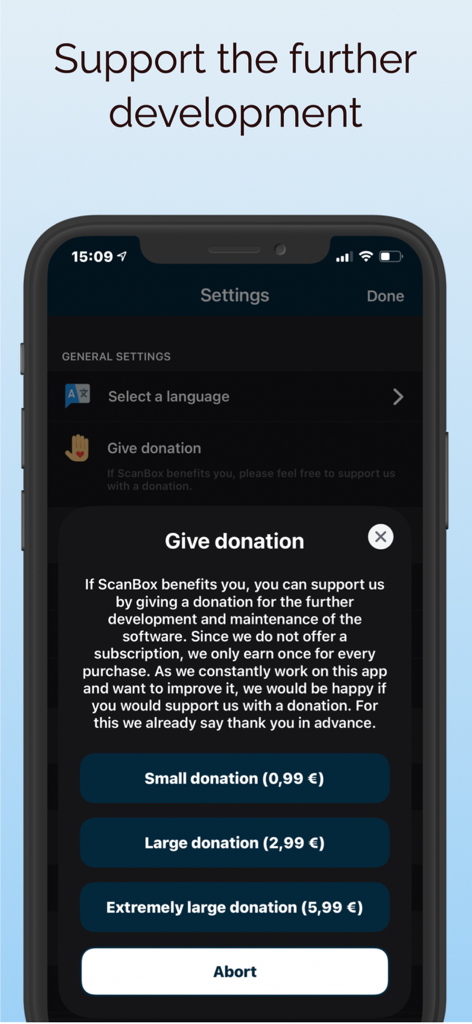 ScanBox – PDF Scanner & OCR - ScanBox App-Bildschirm mit Optionen zur Unterstützung der Entwicklung durch einmalige Spenden.