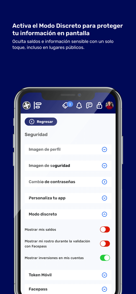 Inbursa Móvil - Menú de configuración de seguridad de la aplicación Inbursa Movil con activación del modo discreto para privacidad