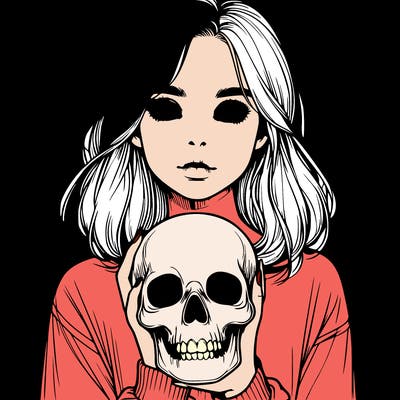 realistic girl holding a skull