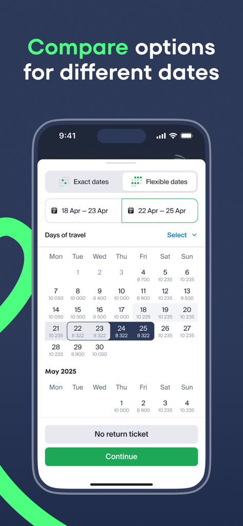 Kupi.com - Kupi.com app screen showing a calendar with flight prices for flexible travel date comparison