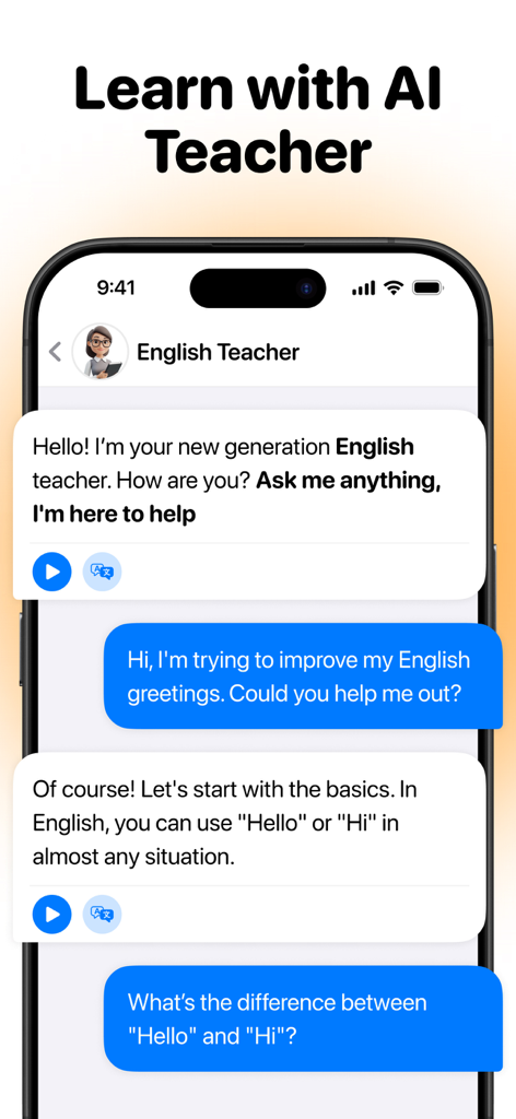 Interfaz de chat que muestra a un usuario aprendiendo saludos en inglés con un profesor de IA.