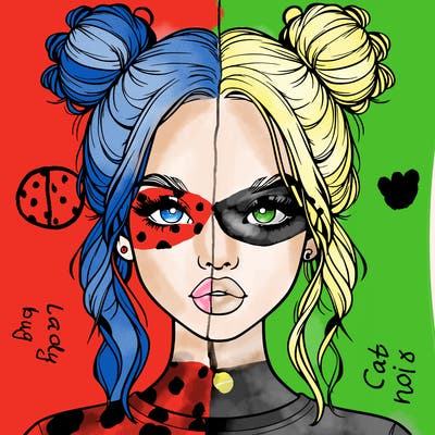 realistic girl with two buns in hair and lips