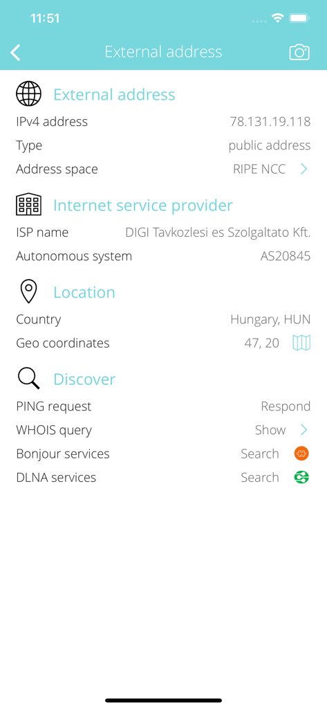 Interfaz de la aplicación Información de Bluetooth que muestra la dirección IP externa y la información del ISP.