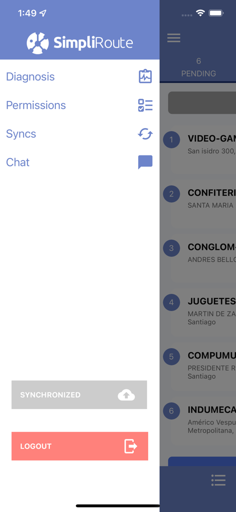 Menu de navegação lateral do aplicativo móvel SimpliRoute mostrando o status de sincronização das configurações e ferramentas do motorista