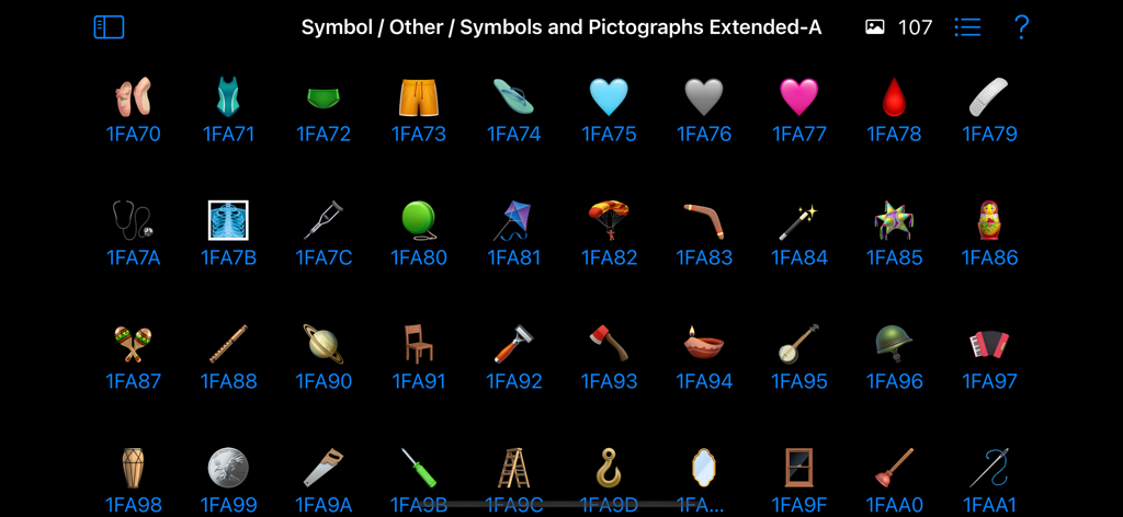 A grid display of various Unicode symbols and emojis with their corresponding hex codes in the Technicode app interface.