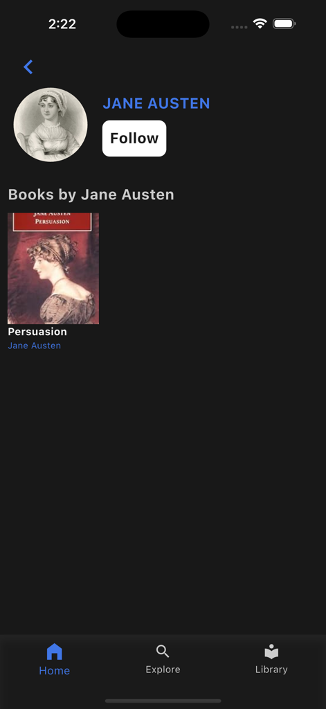 Jane Austen author profile page in the Audiobooks King app featuring the classic book Persuasion