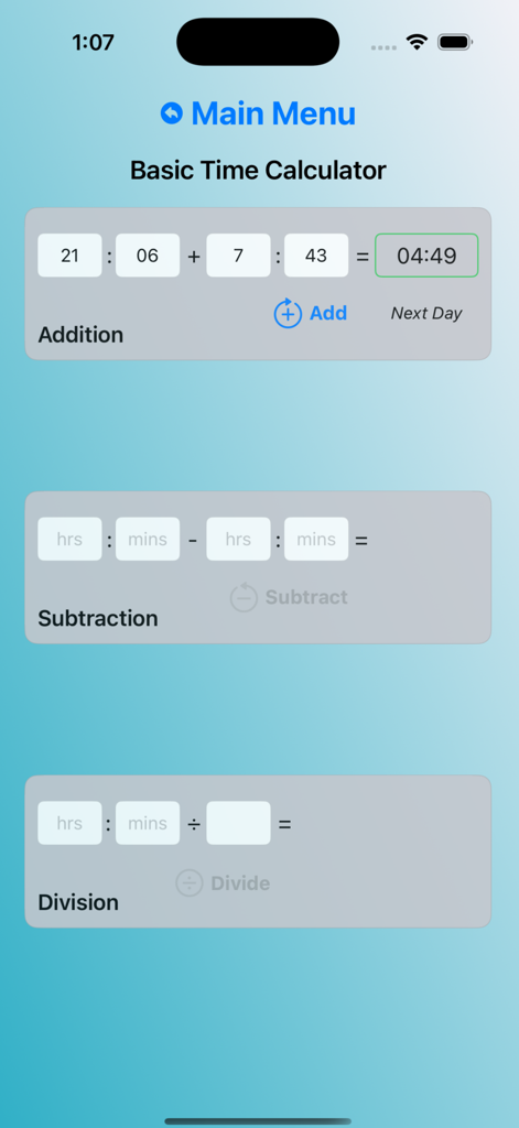 FDPme app screen showing a basic time calculator for adding subtracting and dividing aviation hours and minutes