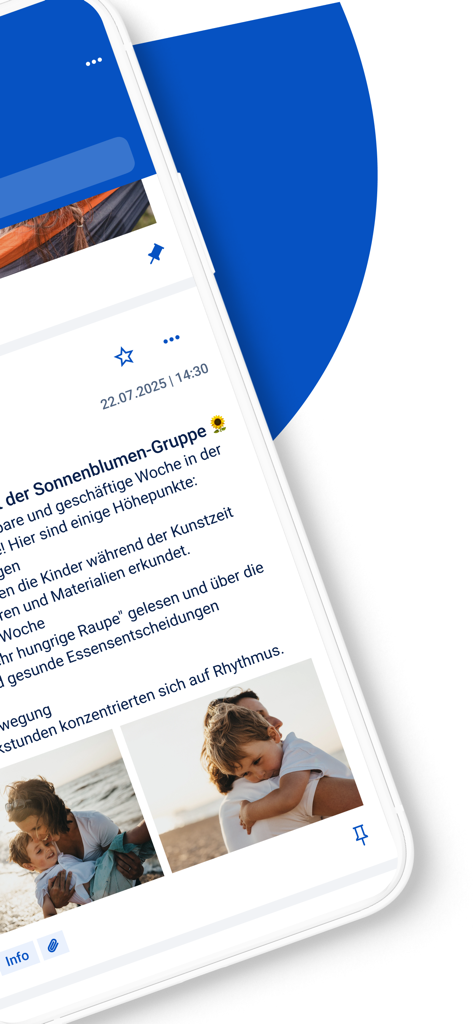 Stay Informed App - Stay Informed App mobile interface displaying a preschool activity feed with text updates and photos of a child and caregiver