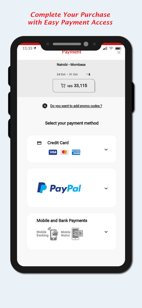 Kenya Airways - Kenya Airways app payment page with options for credit card, PayPal, and mobile banking.