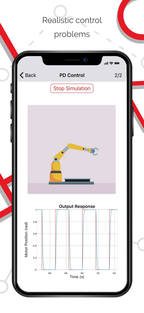 Una interfaz móvil para Controles de Experiencia que muestra una simulación de brazo robótico con un gráfico de salida de posición del motor.