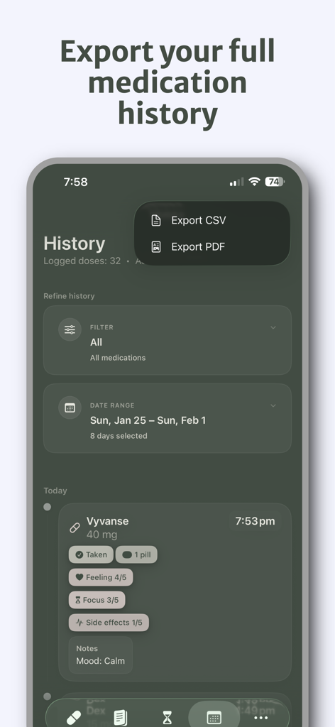 Pillr: ADHD Medication Tracker - Interface of the Pillr ADHD tracker app showing the medication history screen with options to export data as CSV or PDF.