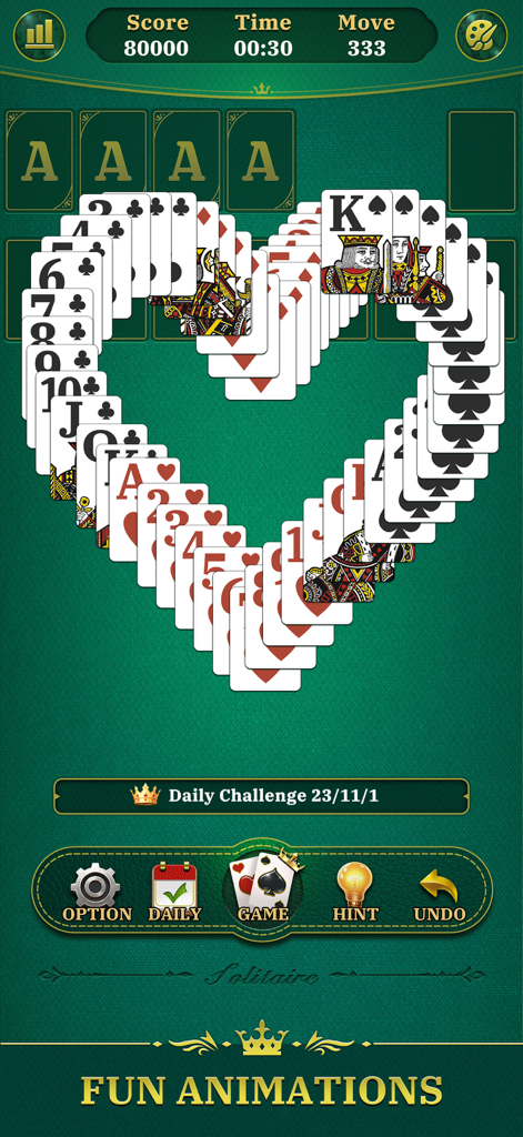 Playing cards arranged in a heart shape on a green background in Deluxe Solitaire mobile game.