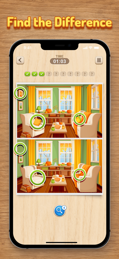 Find the Difference HD - Mobile screen showing Find the Difference HD gameplay with two similar autumn themed living room images and green circles marking found differences