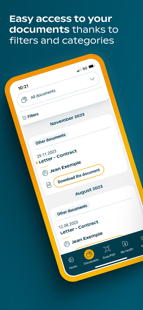 Screenshot der Groupe Mutuel Mobile App, der eine digitale Liste von Versicherungsdokumenten und -verträgen zeigt, sortiert nach Datum mit Filteroptionen.