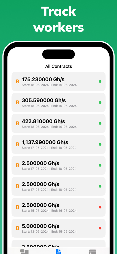 Schermata dello smartphone che mostra un elenco di contratti di cloud mining bitcoin attivi e completati con i rispettivi hash rate e date