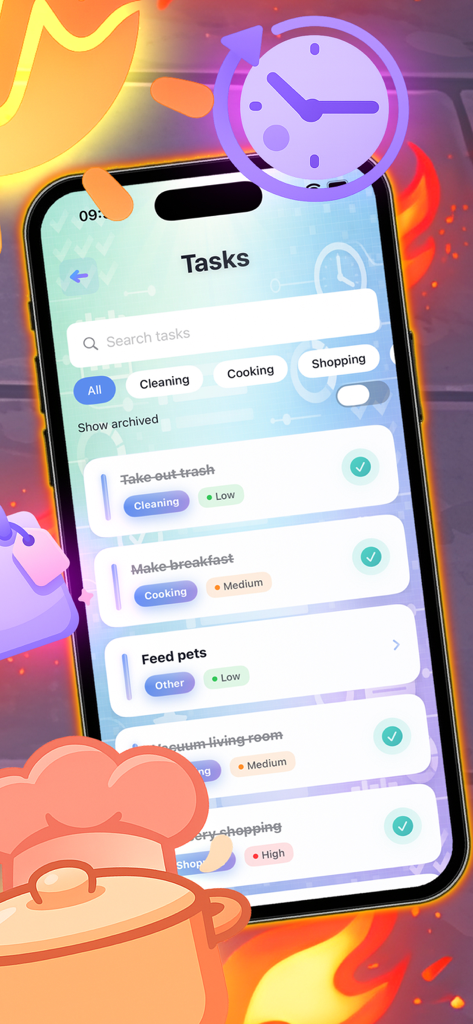 Ein Bildschirm, der Haushaltsaufgaben anzeigt, kategorisiert nach Typ und Priorität in der Chiko Jango App.