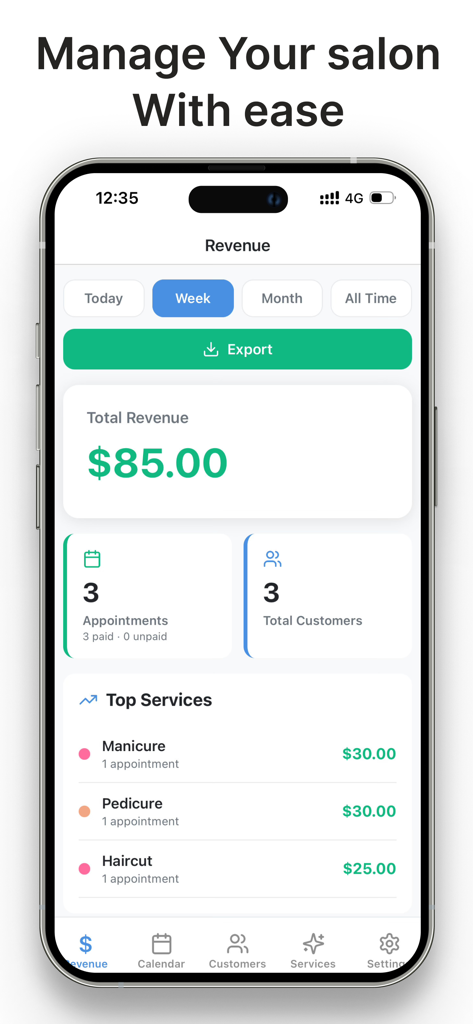 Salon Manager By CATronics - Weekly revenue dashboard for a beauty salon showing total earnings and top services