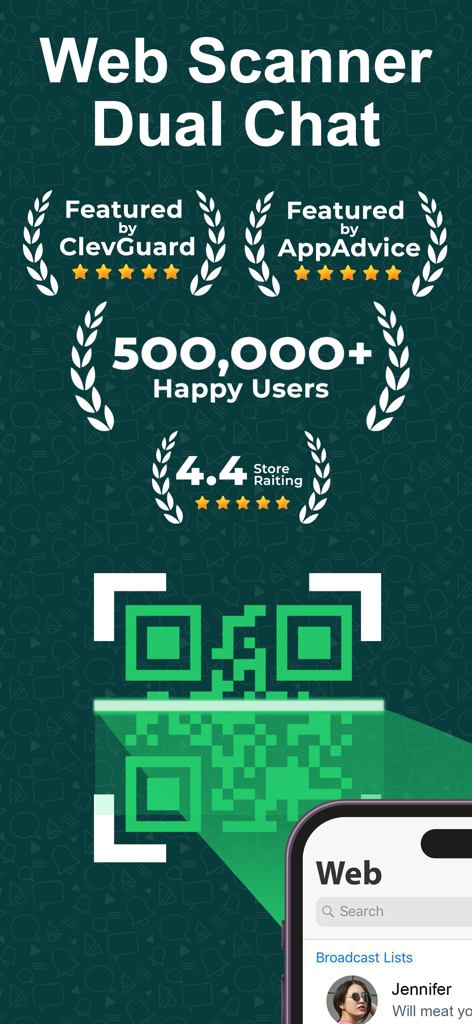 Whats Tracker app promotional screen highlighting web scanner and dual chat features with user ratings and a QR code