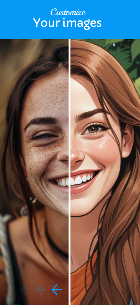 Toon Me - filter for selfie - Split screen showing a real photo of a smiling woman on the left and a stylized cartoon version on the right created with the Toon Me app