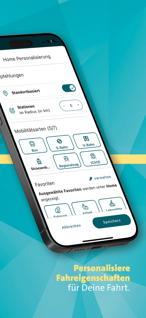 unser-DING - Smartphone screen showing travel personalization options in the unser-DING app including transport mode selection and radius settings
