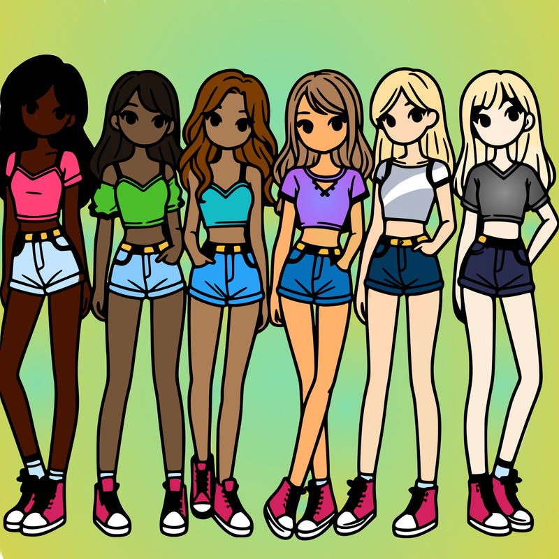 a group of girls wearing crop tops and shorts