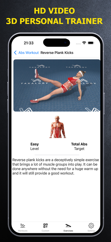 Female Fitness - Home Workout - 3D personal trainer demonstrating reverse plank kicks in a female fitness app