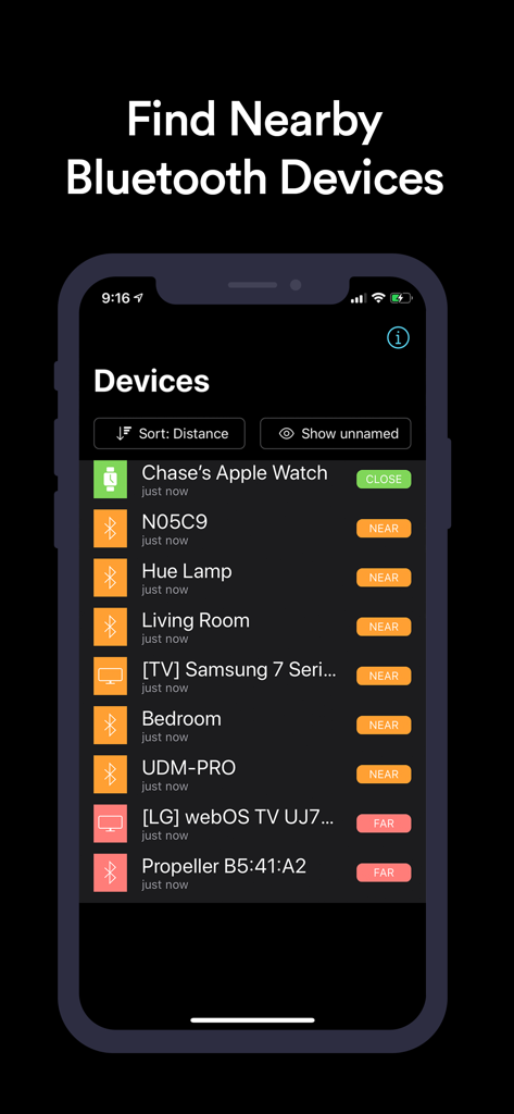 Bluetooth Device Locator - Interfaz de la aplicación móvil Bluetooth Device Locator que muestra una lista de dispositivos cercanos como Apple Watch y Samsung TV con indicadores de proximidad