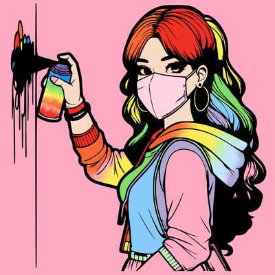 realistic girl with mask spray painting a wall