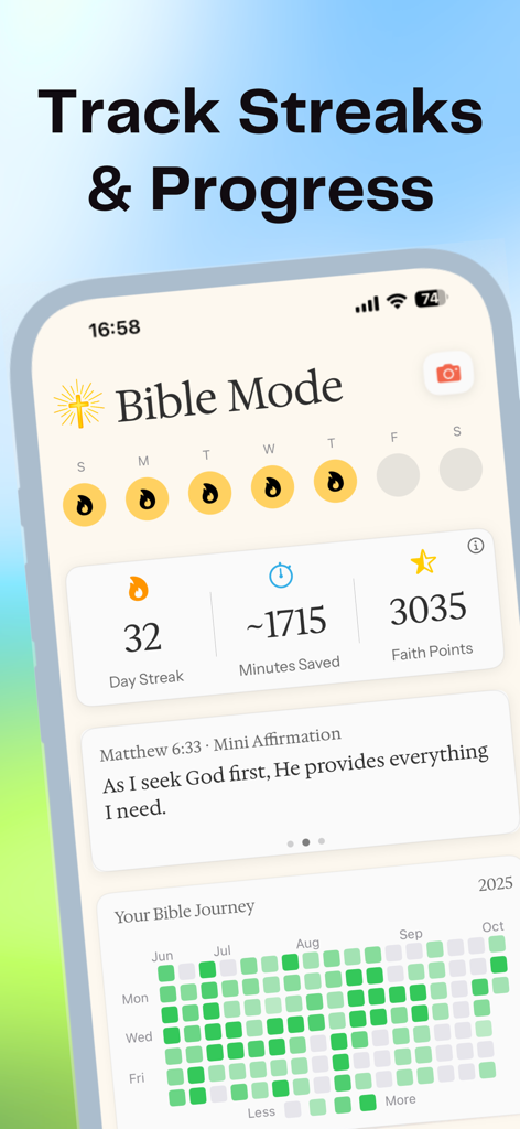 Bible Mode app interface showing day streaks minutes saved and a scripture habit tracker