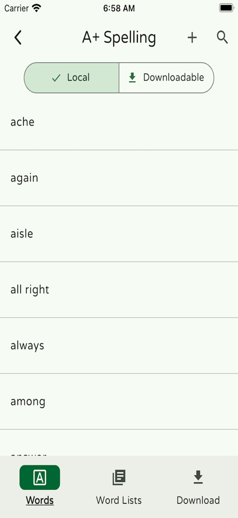 A list of vocabulary words in the A+ Spelling app interface.