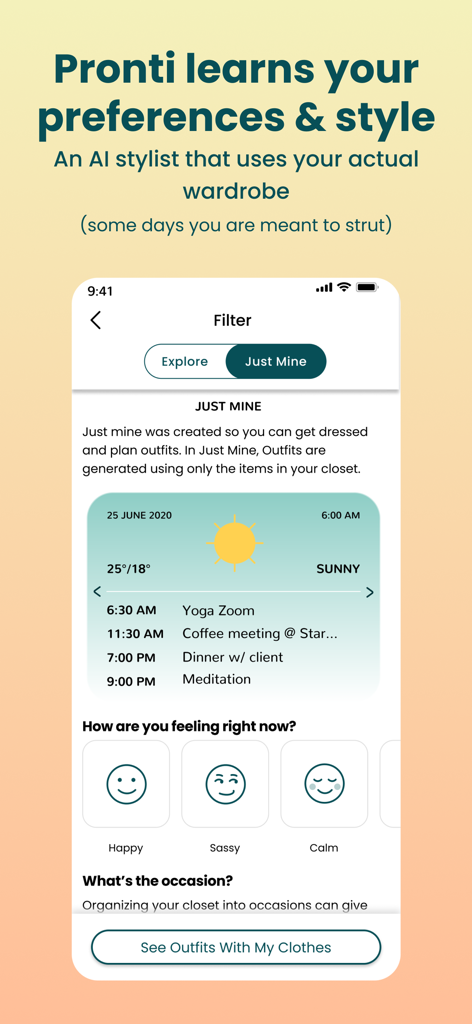 Outfit Maker - Pronti AI - Pronti AI app interface showing outfit suggestions based on weather, daily schedule, and user mood.