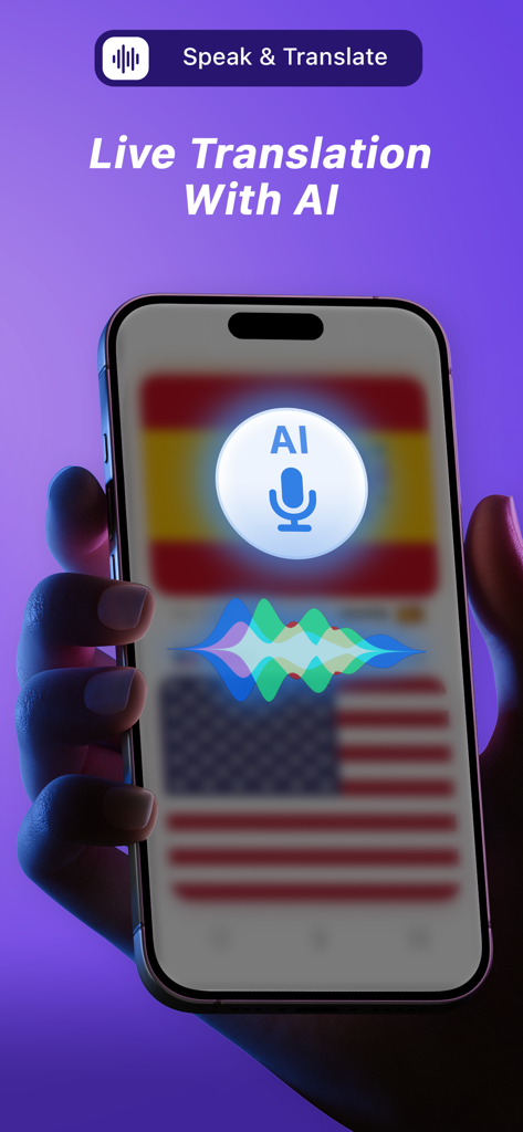 Smartphone affichant l'application AirTranslator avec la fonction de traduction vocale IA