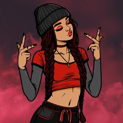 realistic teenage girl with braids and a beanie and crop top doing 🫶🏼