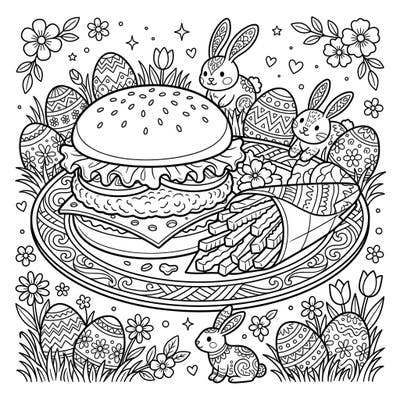 Get ready for a unique Easter celebration with this delightful coloring page featuring a scrumptious burger and crispy fries. Adorned with charming bunnies and beautifully decorated eggs, it's a festive treat for your crayons and markers.