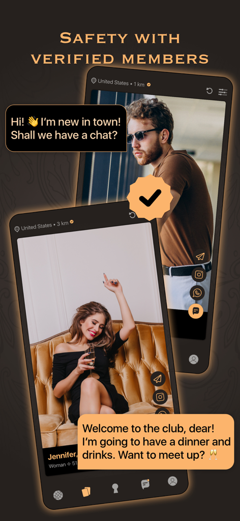 LeClub - Luxury Dating App - LeClub luxury dating app interface showing verified member profiles and secure chat messages.
