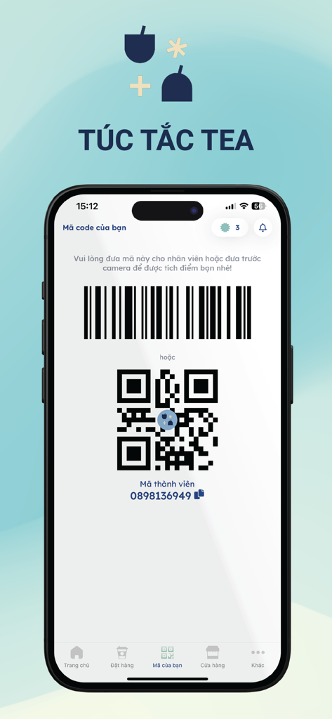 Tela de fidelidade do aplicativo móvel Tuc Tac Tea com código de barras de membro e código QR