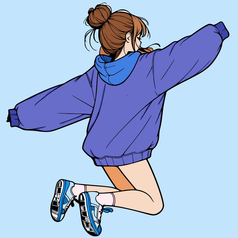 realistic girl jumping with a bun and oversized sweatshirt