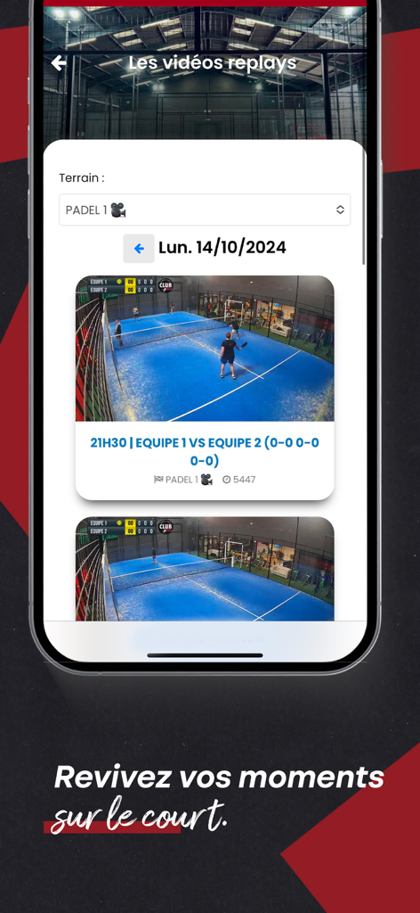 Mobile app interface of CLUB 45 showing padel match video replays and court recordings