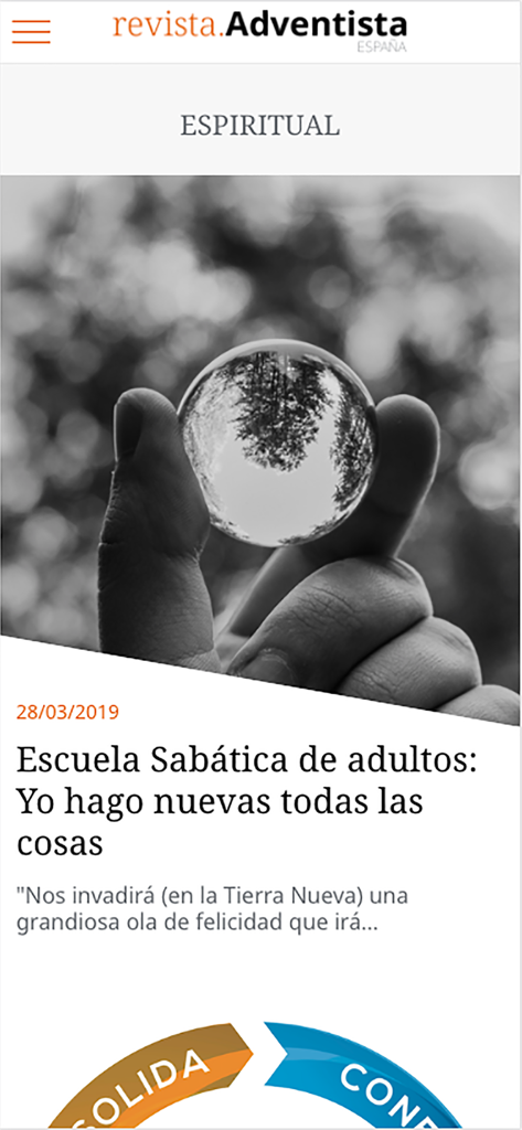 Revista Adventista España app displaying a spiritual article titled Escuela Sabática de adultos