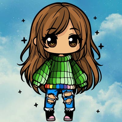 chibi girl with ripped jeans,long hair, and an oversized sweater