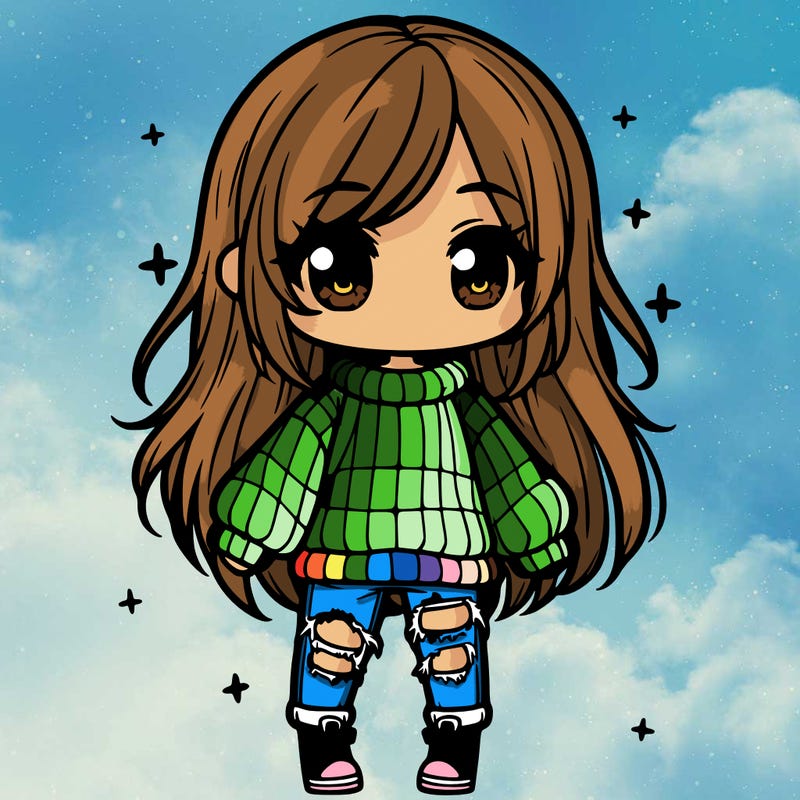 chibi girl with ripped jeans,long hair, and an oversized sweater