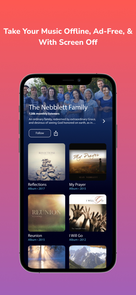 MusicVerse - MusicVerse app interface displaying a Christian artist profile and offline listening features