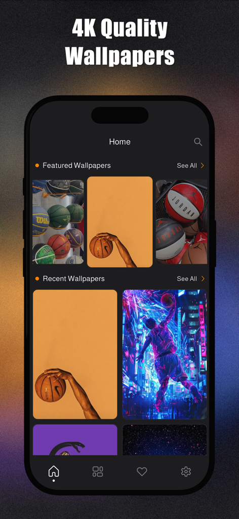 A mobile app interface showing a gallery of high-quality basketball wallpapers for iPhone.
