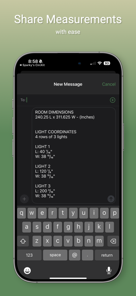 iPhone screen showing the Lumen Layout app sharing recessed light coordinates and room dimensions via text message