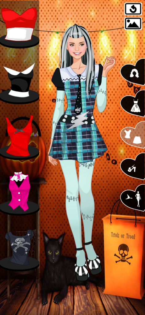 A girl character wearing a Frankenstein inspired dress and makeup in the Halloween dressup game