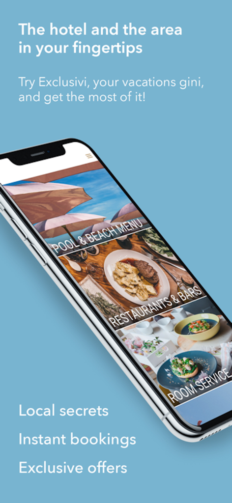 Exclusivi - Smartphone screen displaying Exclusivi app with hotel menu and service options