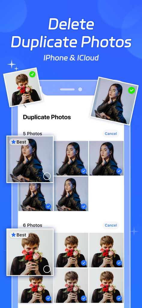 Clean Easily-Storage Cleaner - Clean Easily app interface showing duplicate photo detection and selection for iPhone and iCloud storage cleanup