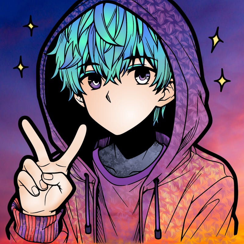 teenage manga boy in a hoodie, doing ✌