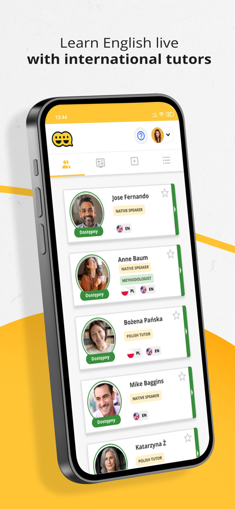 A smartphone screen displaying the Tutlo app showing a selection of available international English tutors with their profile pictures and language specialties
