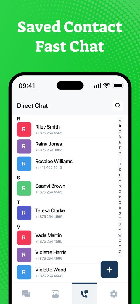 Interface de chat direto do aplicativo WAMR mostrando uma lista de contatos salvos para mensagens rápidas